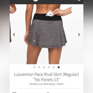 lululemon sz 8 Pace Rival Heather Lux Gray Black Skirt no panels tennis running